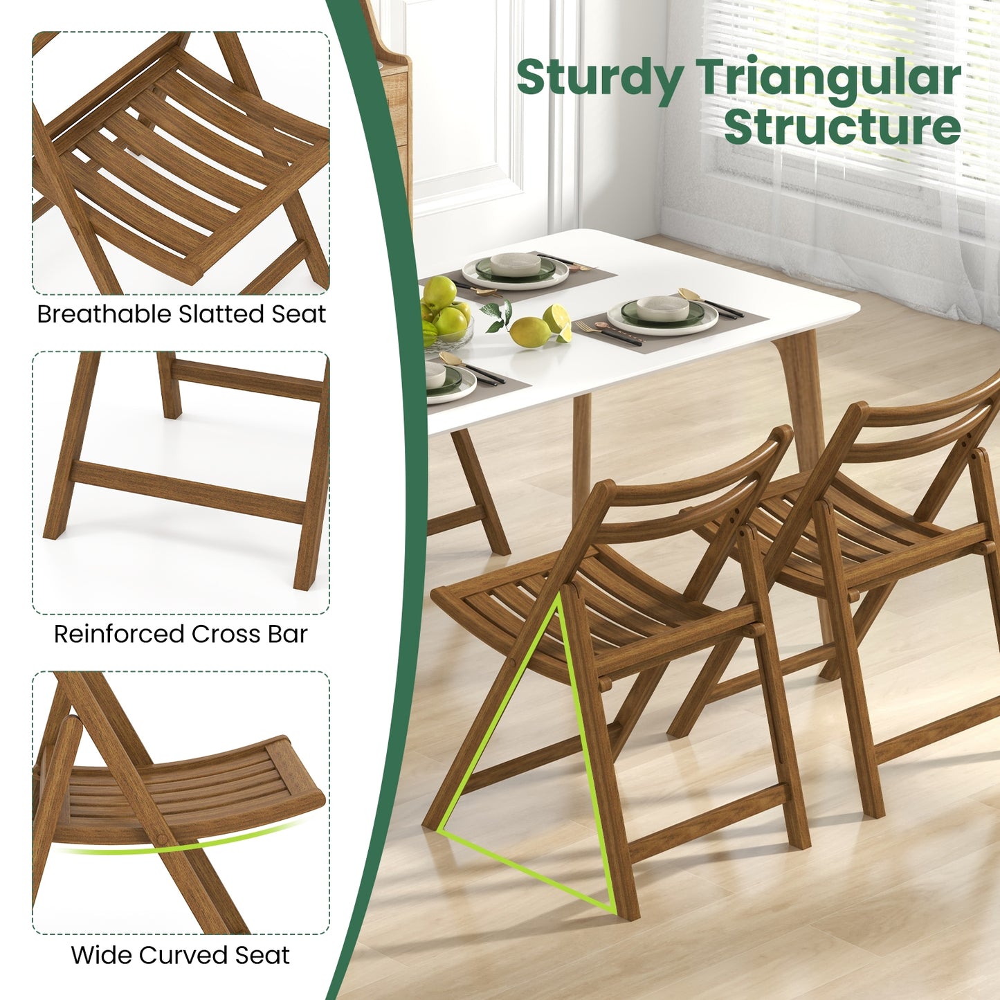 Folding Dining Chairs with Rubber Wood Frame and Slatted Seat for Compact Storage - Set of 2