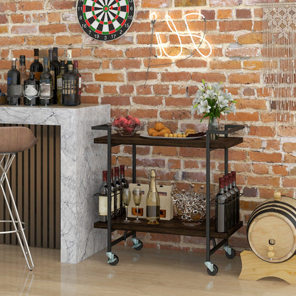 Modern Rustic Rolling Bar Cart with Storage Shelves and Locking Wheels