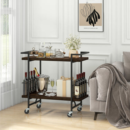 Modern Rustic Rolling Bar Cart with Storage Shelves and Locking Wheels