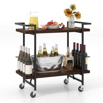 Modern Rustic Rolling Bar Cart with Storage Shelves and Locking Wheels