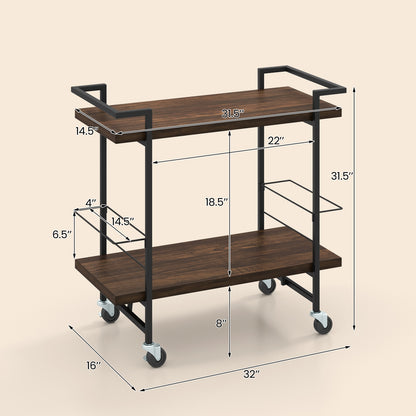Modern Rustic Rolling Bar Cart with Storage Shelves and Locking Wheels