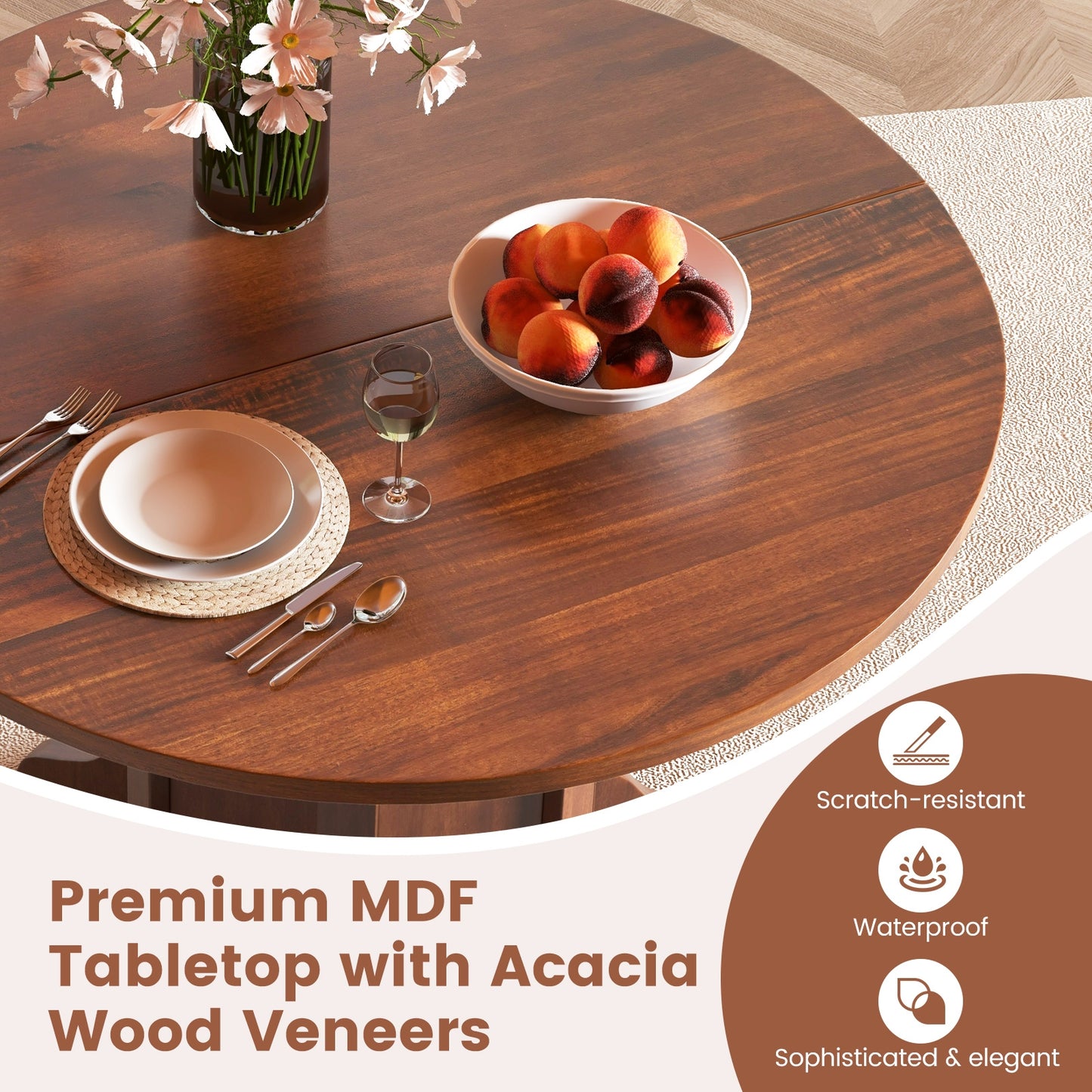 42 Inch Round Farmhouse Dining Table with Pedestal Base for 4 to 6 People