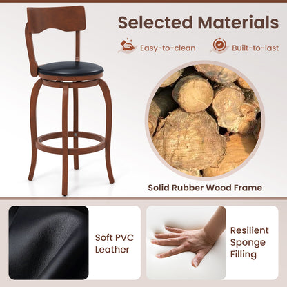 2 Pieces Swivel Bar Stools with Rubber Wood Frame and Upholstered Faux Leather Seat - 29.5 Inch