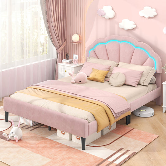Velvet Upholstered Bed in Pink with RGB LED Lighting, Petal-Inspired Headboard and Sturdy Frame – Queen