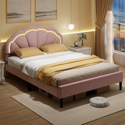 Velvet Upholstered Bed in Pink with RGB LED Lighting, Petal-Inspired Headboard and Sturdy Frame – Queen