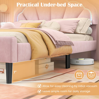 Velvet Upholstered Bed in Pink with RGB LED Lighting, Petal-Inspired Headboard and Sturdy Frame – Queen