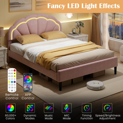 Velvet Upholstered Bed in Pink with RGB LED Lighting, Petal-Inspired Headboard and Sturdy Frame – Queen