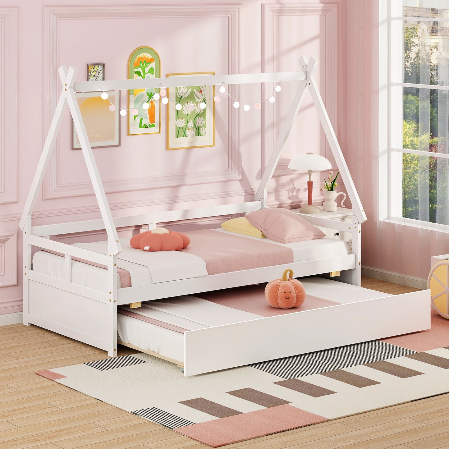 Twin House Bed with Pull Out Trundle and Safety Guardrails Montessori Style Kids Bed in White