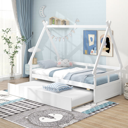Twin House Bed with Pull Out Trundle and Safety Guardrails Montessori Style Kids Bed in White