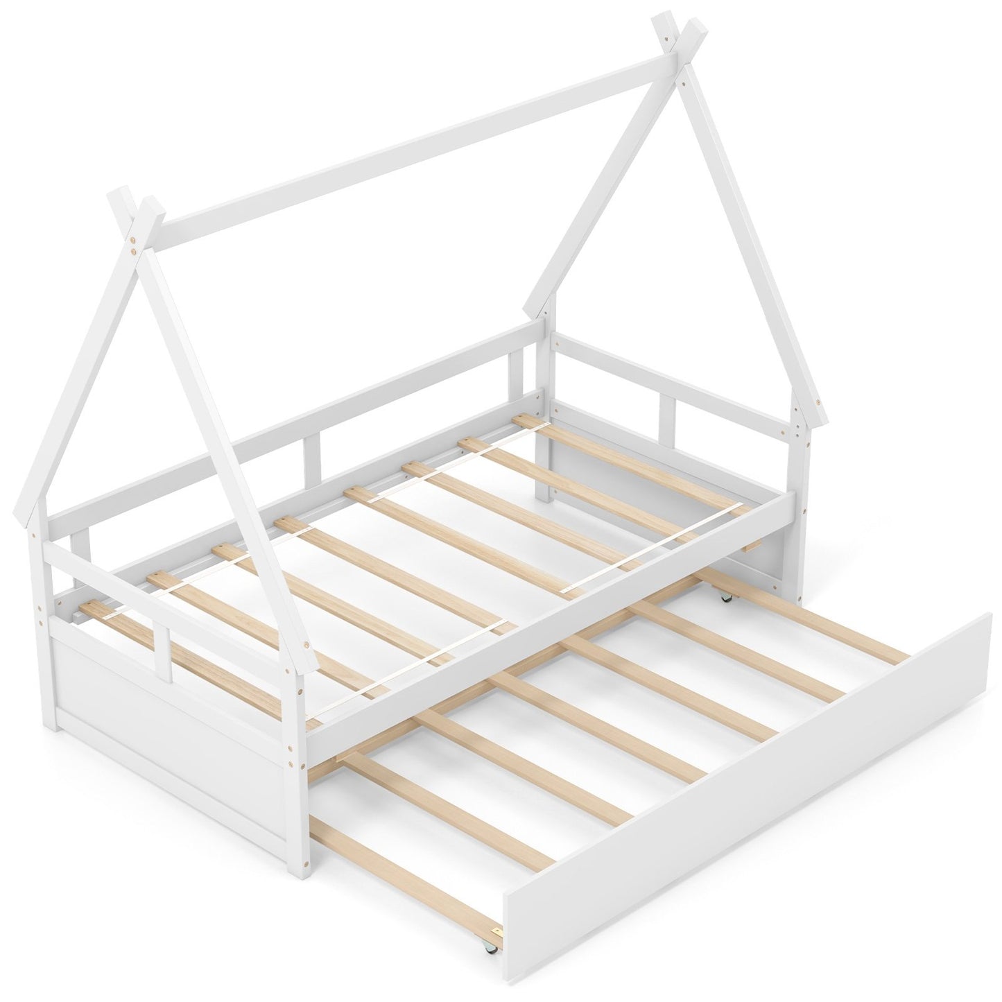 Twin House Bed with Pull Out Trundle and Safety Guardrails Montessori Style Kids Bed in White