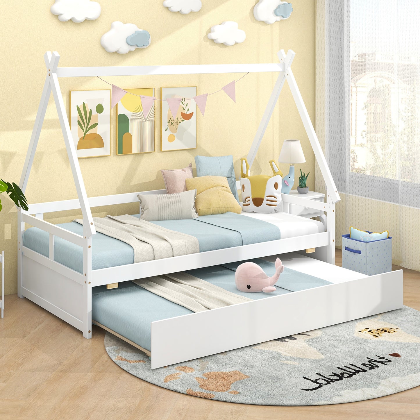 Twin House Bed with Pull Out Trundle and Safety Guardrails Montessori Style Kids Bed in White