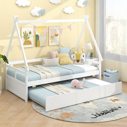Twin House Bed with Pull Out Trundle and Safety Guardrails Montessori Style Kids Bed in White