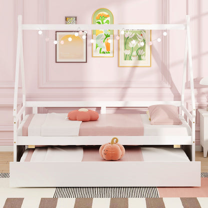 Twin House Bed with Pull Out Trundle and Safety Guardrails Montessori Style Kids Bed in White