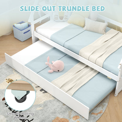 Twin House Bed with Pull Out Trundle and Safety Guardrails Montessori Style Kids Bed in White