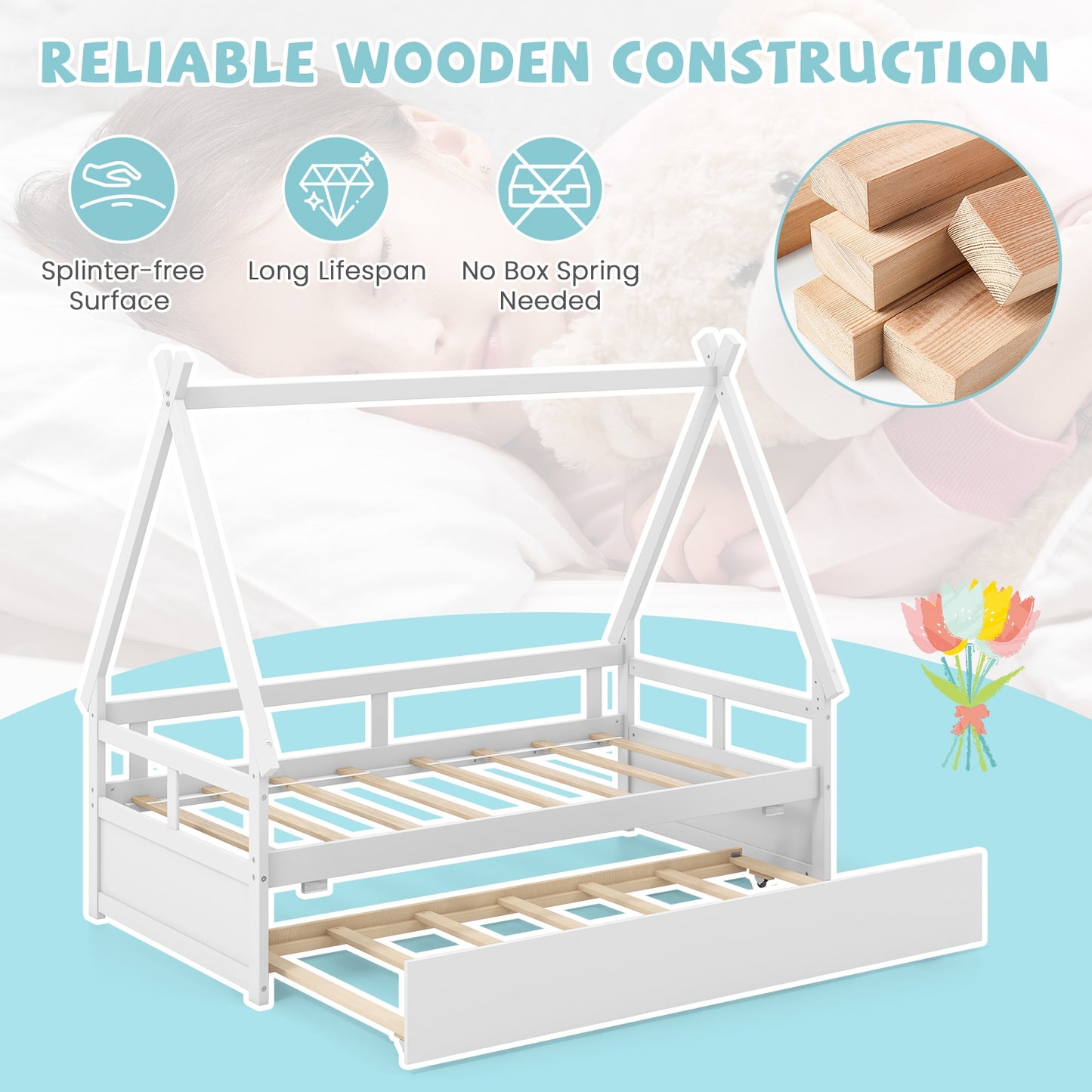 Twin House Bed with Pull Out Trundle and Safety Guardrails Montessori Style Kids Bed in White