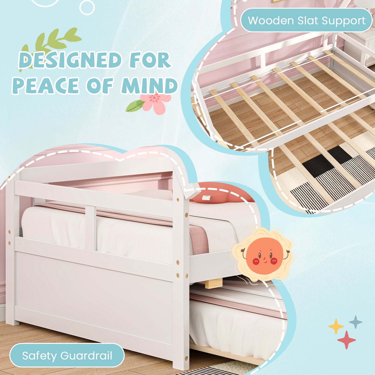 Twin House Bed with Pull Out Trundle and Safety Guardrails Montessori Style Kids Bed in White
