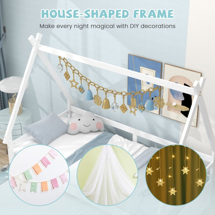 Twin House Bed with Pull Out Trundle and Safety Guardrails Montessori Style Kids Bed in White