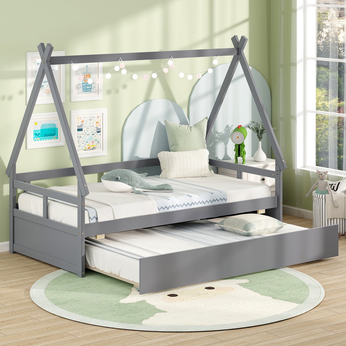 Twin House Bed with Pull Out Trundle and Safety Guardrails Montessori Style Kids Bed in Grey