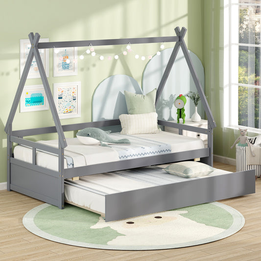 Twin House Bed with Pull Out Trundle and Safety Guardrails Montessori Style Kids Bed in Grey