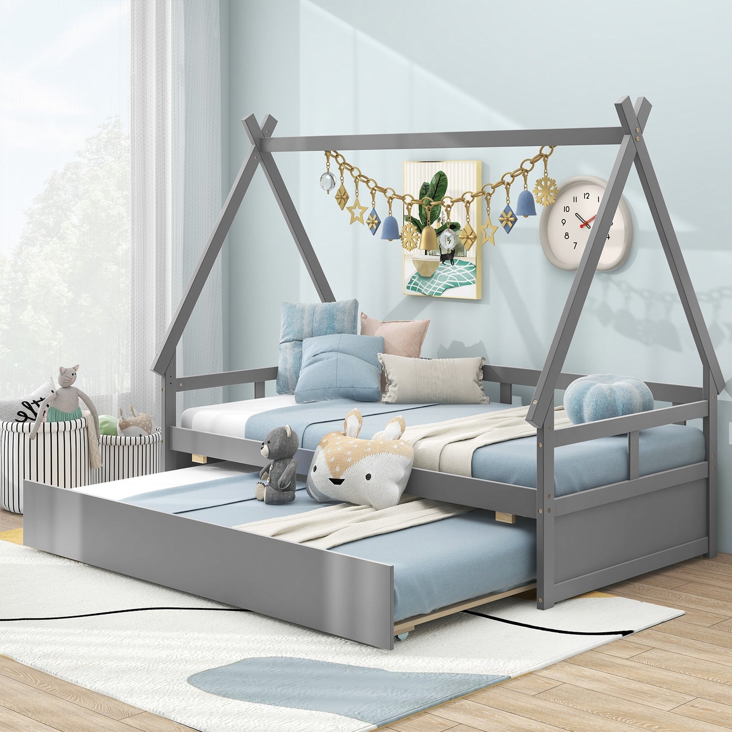Twin House Bed with Pull Out Trundle and Safety Guardrails Montessori Style Kids Bed in Grey