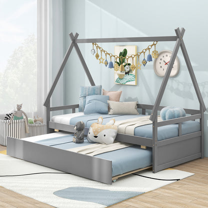 Twin House Bed with Pull Out Trundle and Safety Guardrails Montessori Style Kids Bed in Grey