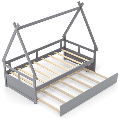 Twin House Bed with Pull Out Trundle and Safety Guardrails Montessori Style Kids Bed in Grey
