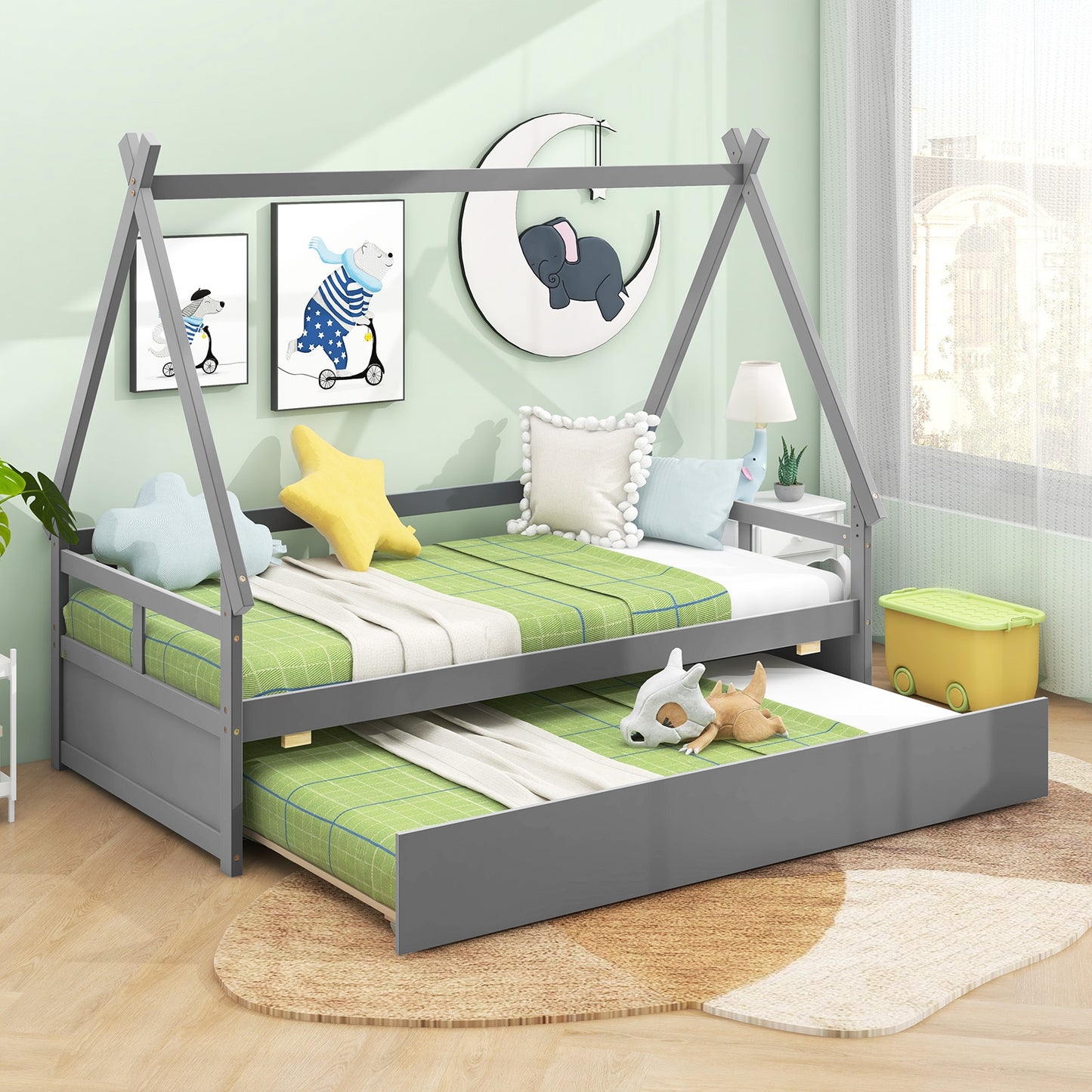 Twin House Bed with Pull Out Trundle and Safety Guardrails Montessori Style Kids Bed in Grey