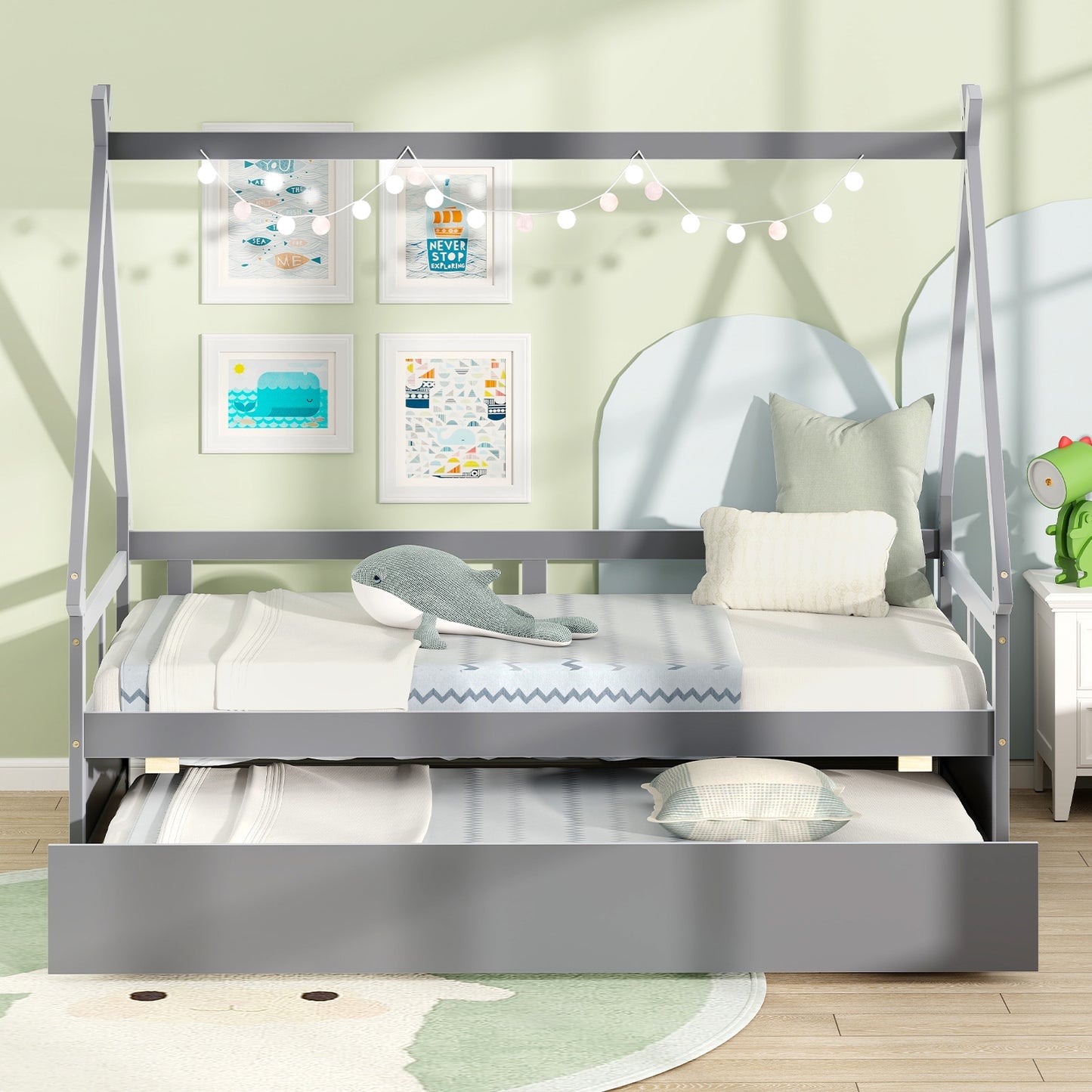 Twin House Bed with Pull Out Trundle and Safety Guardrails Montessori Style Kids Bed in Grey