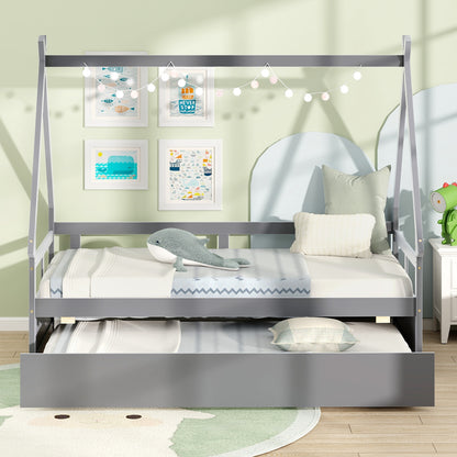 Twin House Bed with Pull Out Trundle and Safety Guardrails Montessori Style Kids Bed in Grey