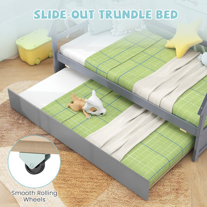 Twin House Bed with Pull Out Trundle and Safety Guardrails Montessori Style Kids Bed in Grey