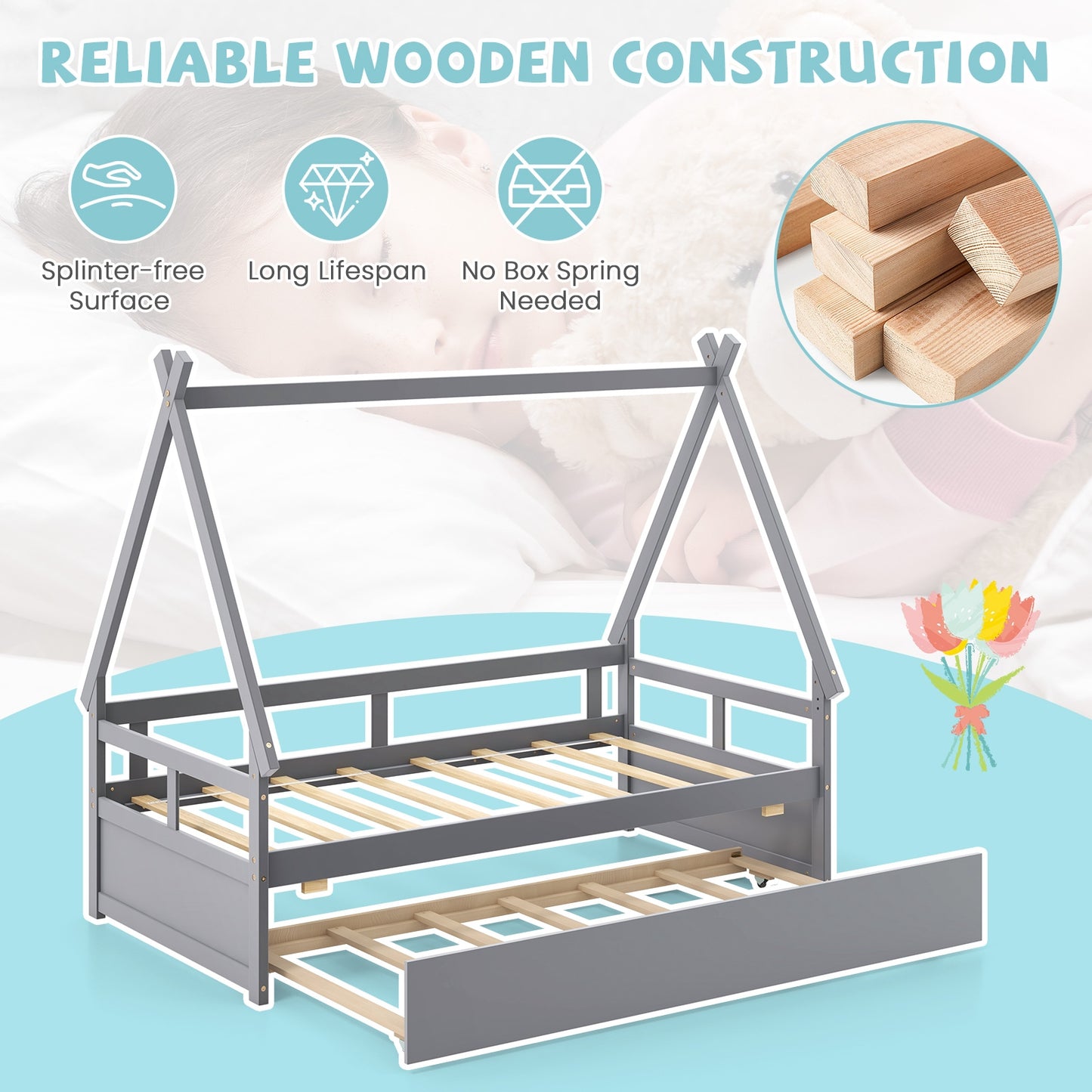 Twin House Bed with Pull Out Trundle and Safety Guardrails Montessori Style Kids Bed in Grey