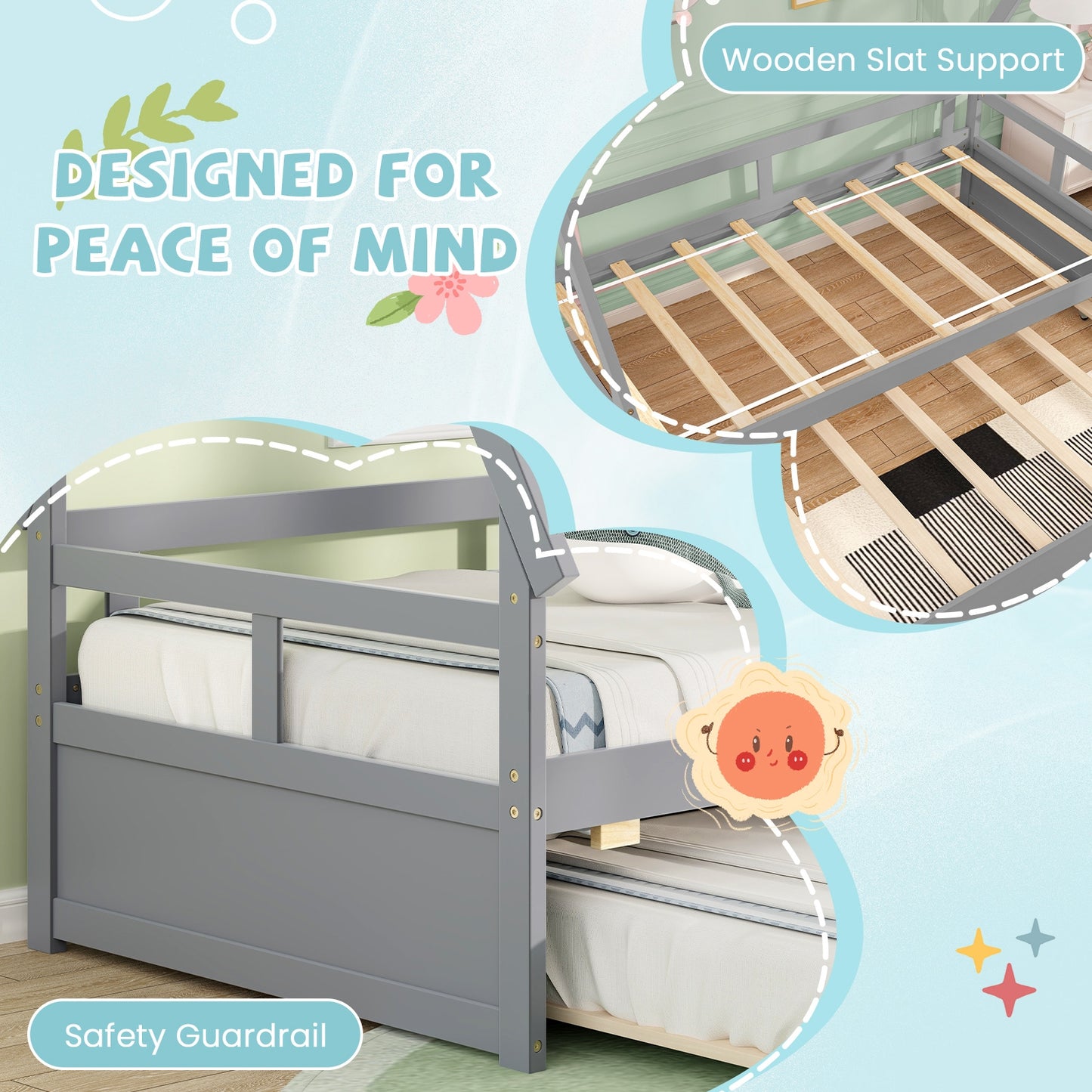 Twin House Bed with Pull Out Trundle and Safety Guardrails Montessori Style Kids Bed in Grey