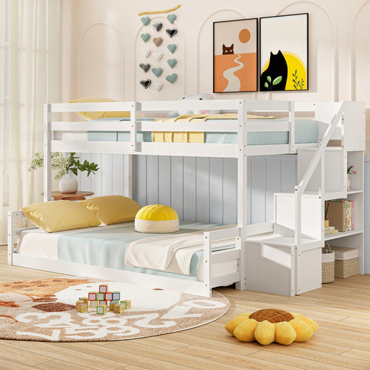 Solid Wood Twin Over Full Bunk Bed with Storage Stairs and Safety Guardrails