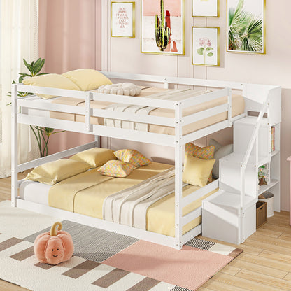 Solid Wood Full Over Full Bunk Bed with Built-In Storage Stairs and Safety Guardrails