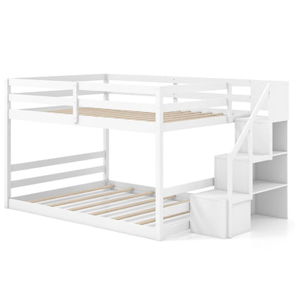Solid Wood Full Over Full Bunk Bed with Built-In Storage Stairs and Safety Guardrails