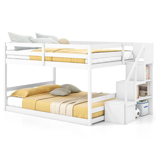 Solid Wood Full Over Full Bunk Bed with Built-In Storage Stairs and Safety Guardrails