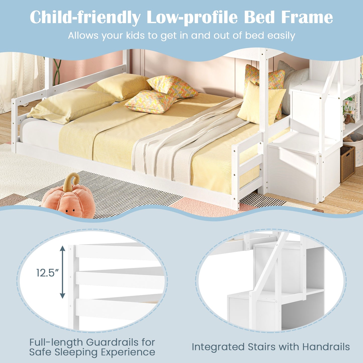 Solid Wood Twin Over Full Bunk Bed with Storage Stairs and Safety Guardrails