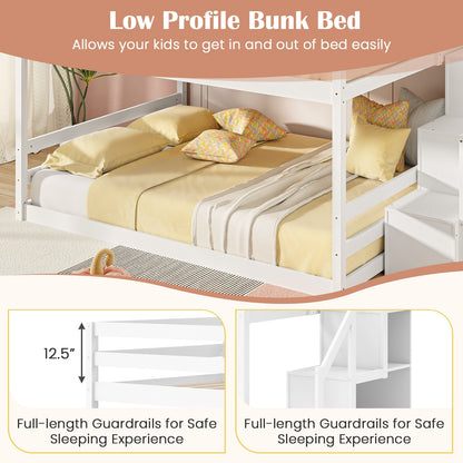 Solid Wood Full Over Full Bunk Bed with Built-In Storage Stairs and Safety Guardrails