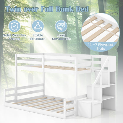 Solid Wood Twin Over Full Bunk Bed with Storage Stairs and Safety Guardrails