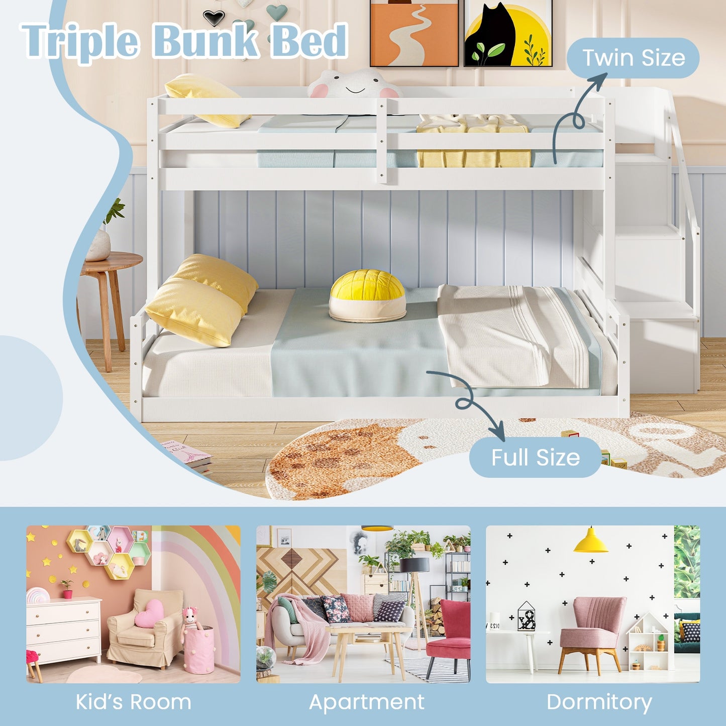 Solid Wood Twin Over Full Bunk Bed with Storage Stairs and Safety Guardrails