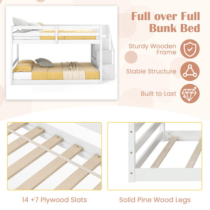 Solid Wood Full Over Full Bunk Bed with Built-In Storage Stairs and Safety Guardrails