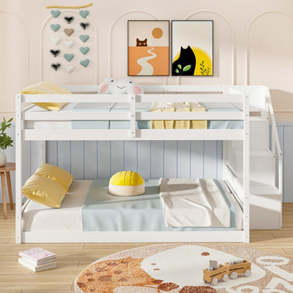 Solid Wood Full Over Full Bunk Bed with Built-In Storage Stairs and Safety Guardrails