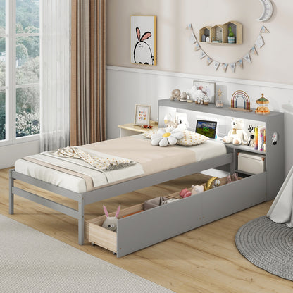 Twin Bed with LED Light, Storage Headboard, Built-in Nightstand and Drawers Grey