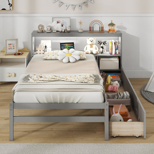 Twin Bed with LED Light, Storage Headboard, Built-in Nightstand and Drawers Grey