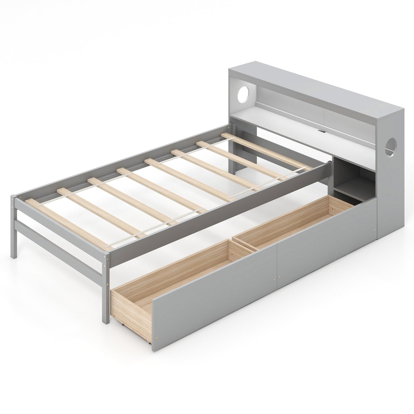 Twin Bed with LED Light, Storage Headboard, Built-in Nightstand and Drawers Grey