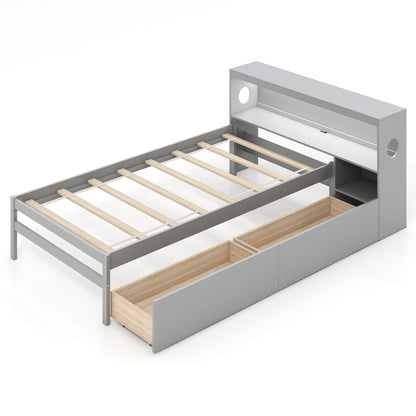 Twin Bed with LED Light, Storage Headboard, Built-in Nightstand and Drawers Grey
