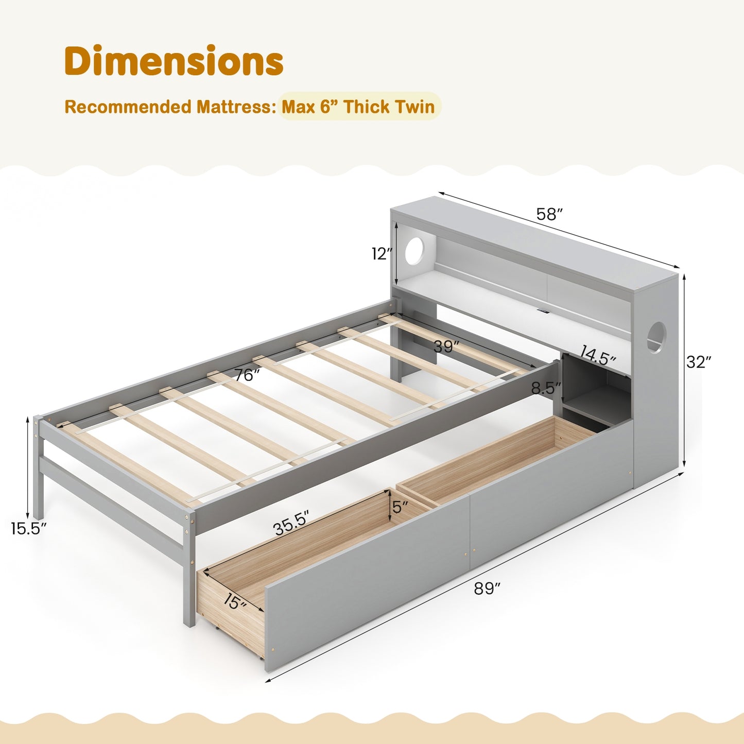 Twin Bed with LED Light, Storage Headboard, Built-in Nightstand and Drawers Grey
