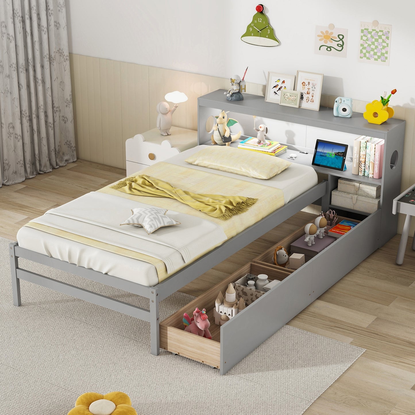 Twin Bed with LED Light, Storage Headboard, Built-in Nightstand and Drawers Grey