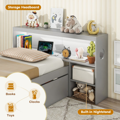 Twin Bed with LED Light, Storage Headboard, Built-in Nightstand and Drawers Grey