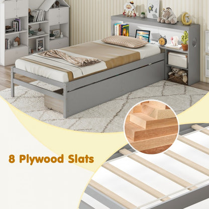 Twin Bed with LED Light, Storage Headboard, Built-in Nightstand and Drawers Grey